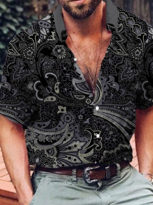 Lapel Print Floral Single-breasted Men's Shirt