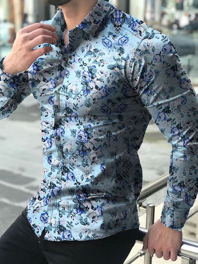 Lapel Print Floral Single-breasted Mens Slim Shirt