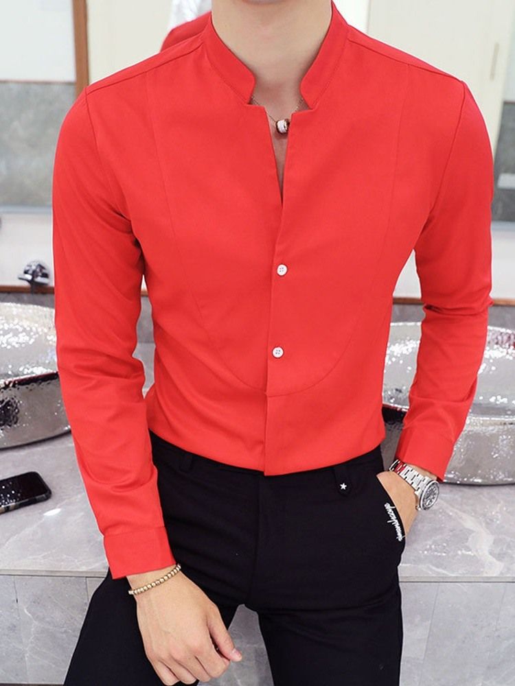 Plain Casual Stand Collar Herr Slim Slim Spring Shirt