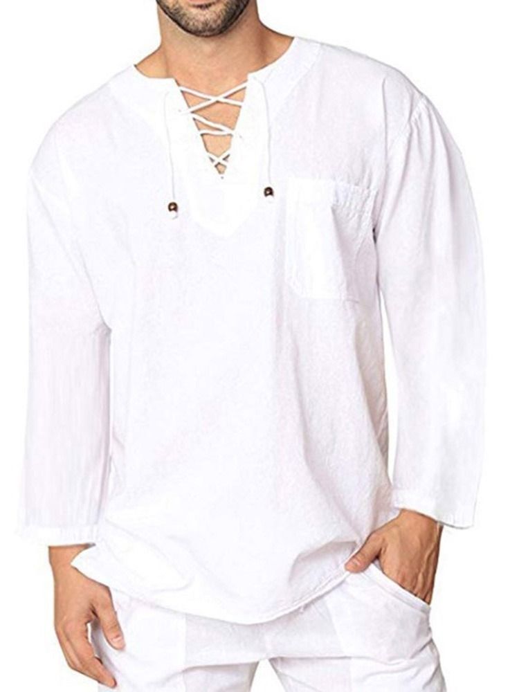 Plain Lace-up Men's Loose Shirt