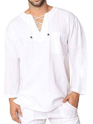 Plain Lace-up Men's Loose Shirt