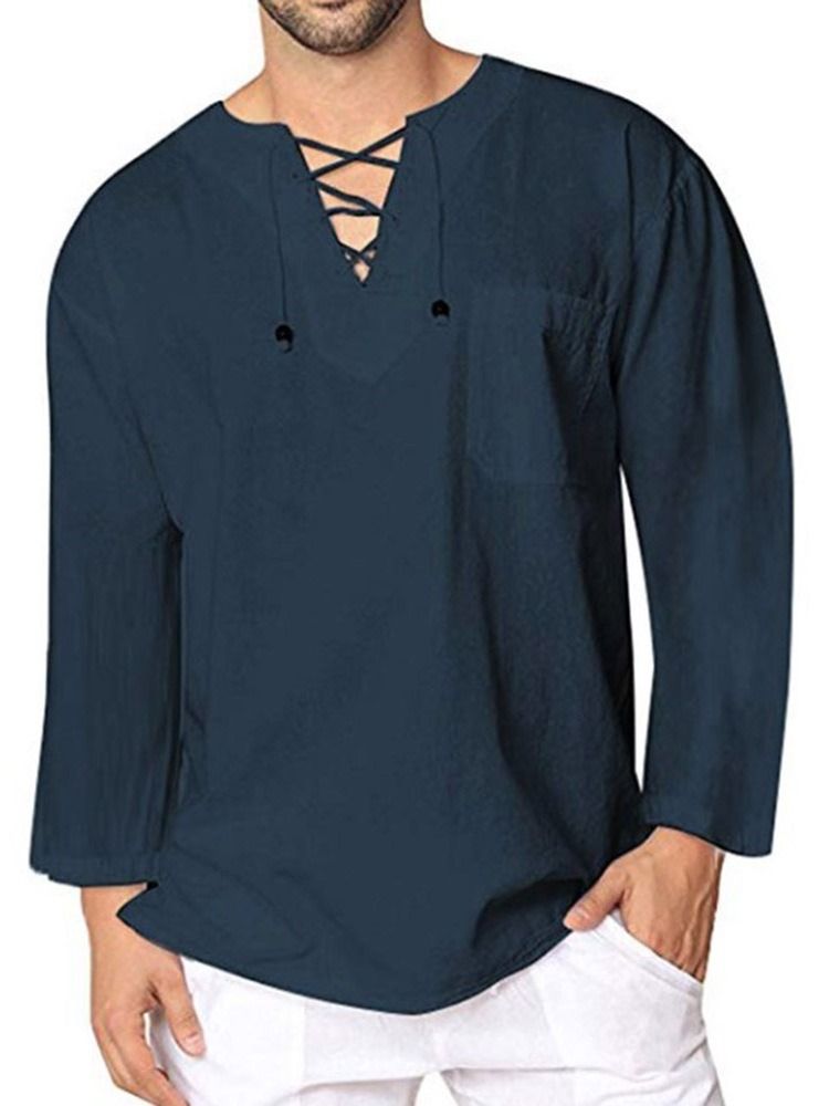 Plain Lace-up Men's Loose Shirt