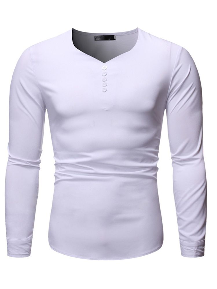 Plain V-neck Button Slim Shirt För Män