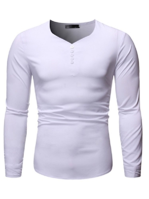 Plain V-neck Button Slim Shirt För Män