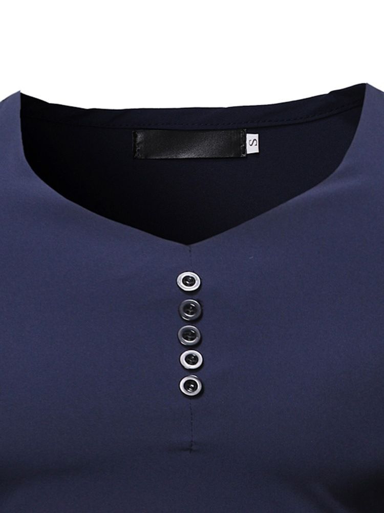 Plain V-neck Button Slim Shirt För Män