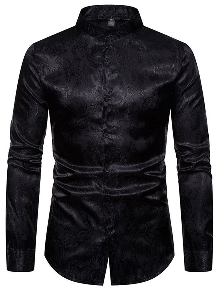 Print Plain Stand Collar Single-breasted Men's Shirt