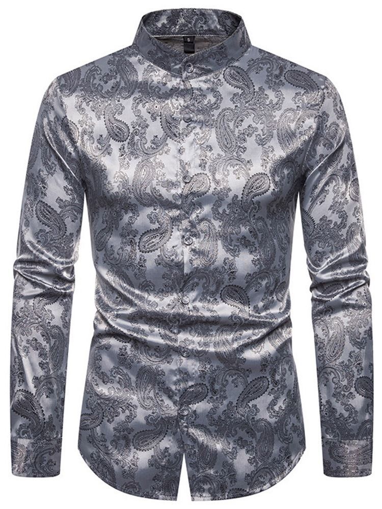 Print Plain Stand Collar Single-breasted Men's Shirt