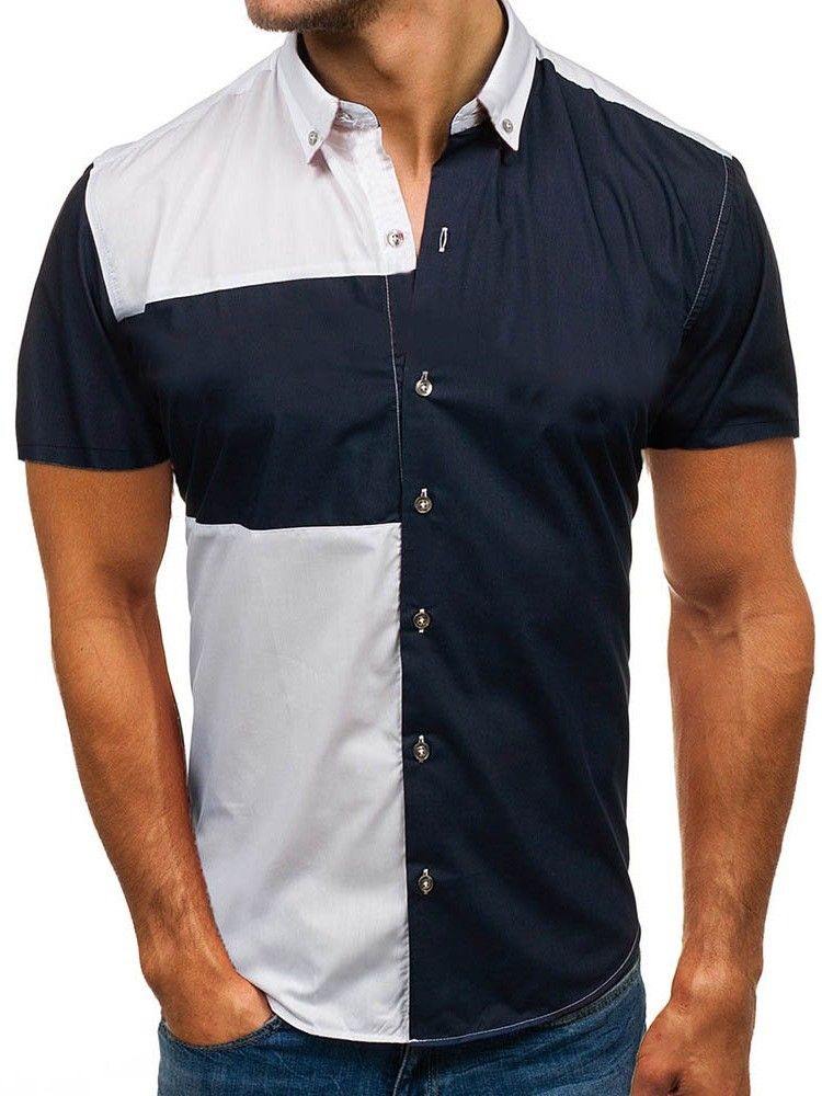 Revers Color Block Casual Slim Triple-breasted Herrskjorta