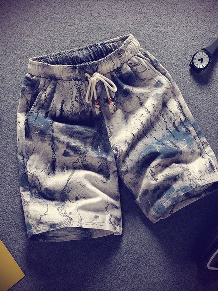 Color Block Straight Lace-up Mid Waist Men's Shorts