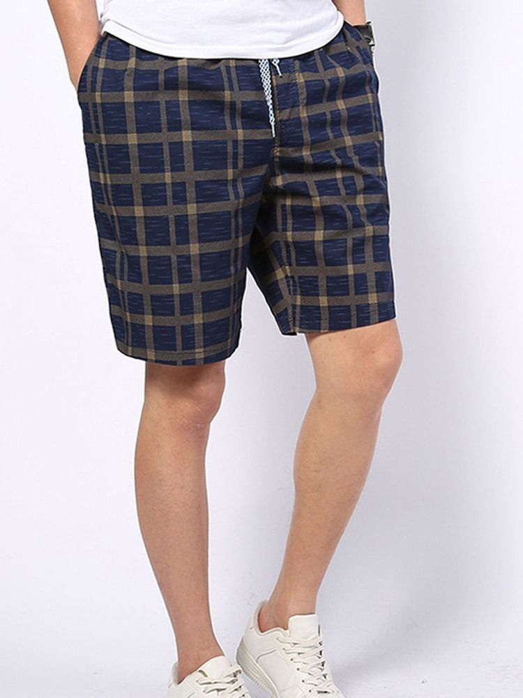 Plaid Straight Mid Waist Lace-up Shorts För Män