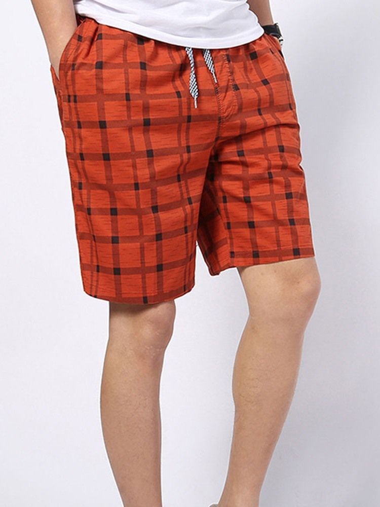 Plaid Straight Mid Waist Lace-up Shorts För Män