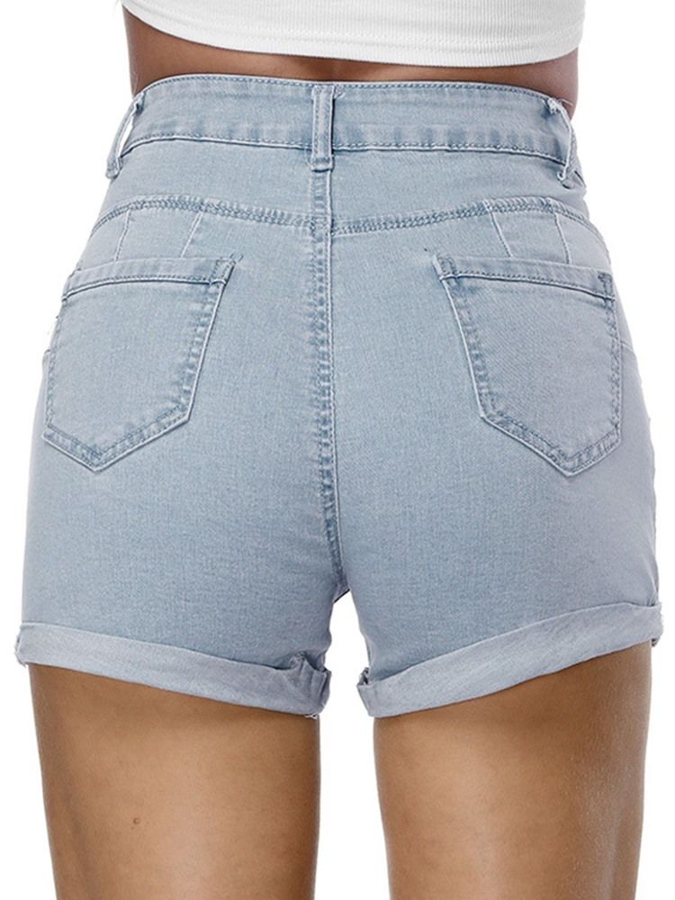 Plain Denim Mid-waist Shorts För Kvinnor