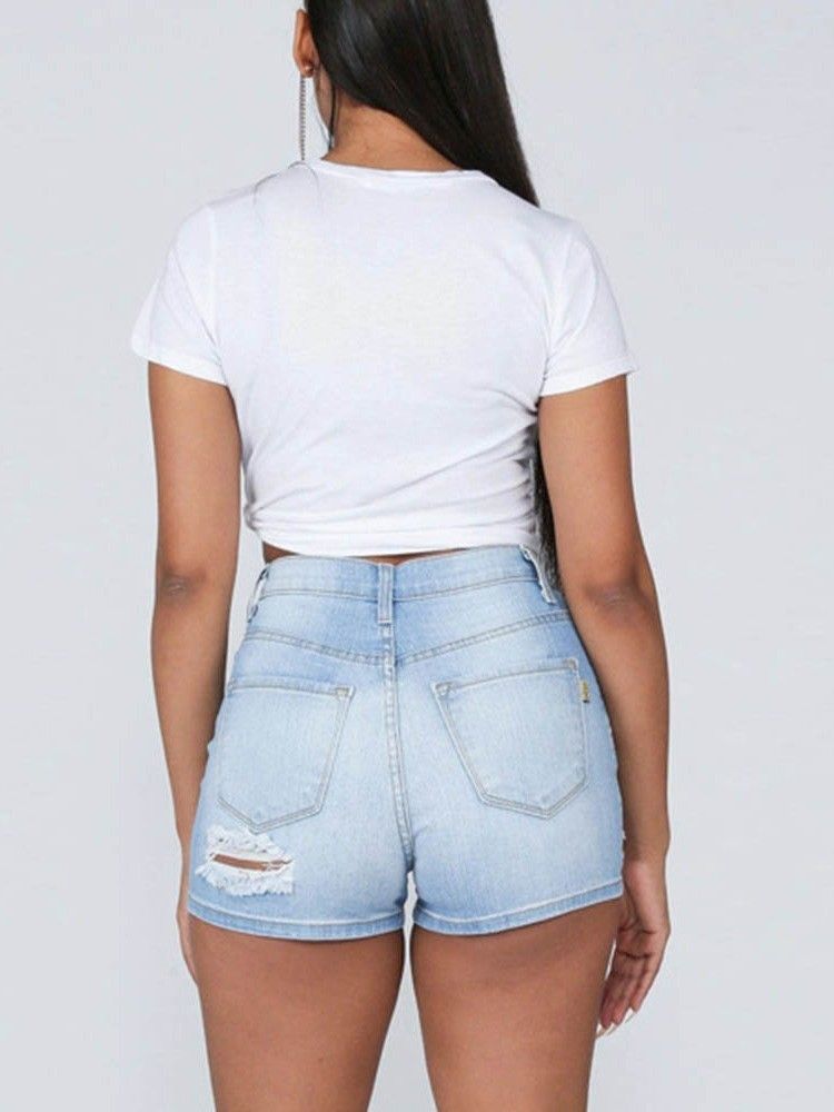 Plain Hole High Waist Skinny Shorts För Kvinnor