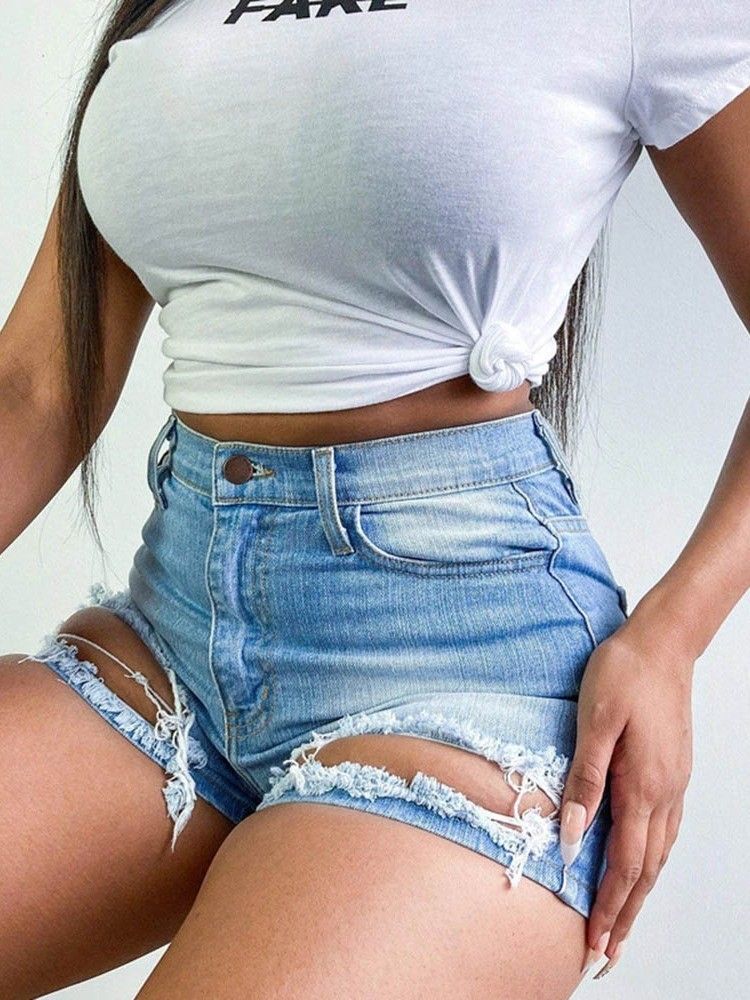 Plain Hole High Waist Skinny Shorts För Kvinnor