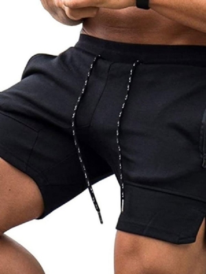 Plain Lace-up Straight Mid Waist Lace-up Men's Shorts