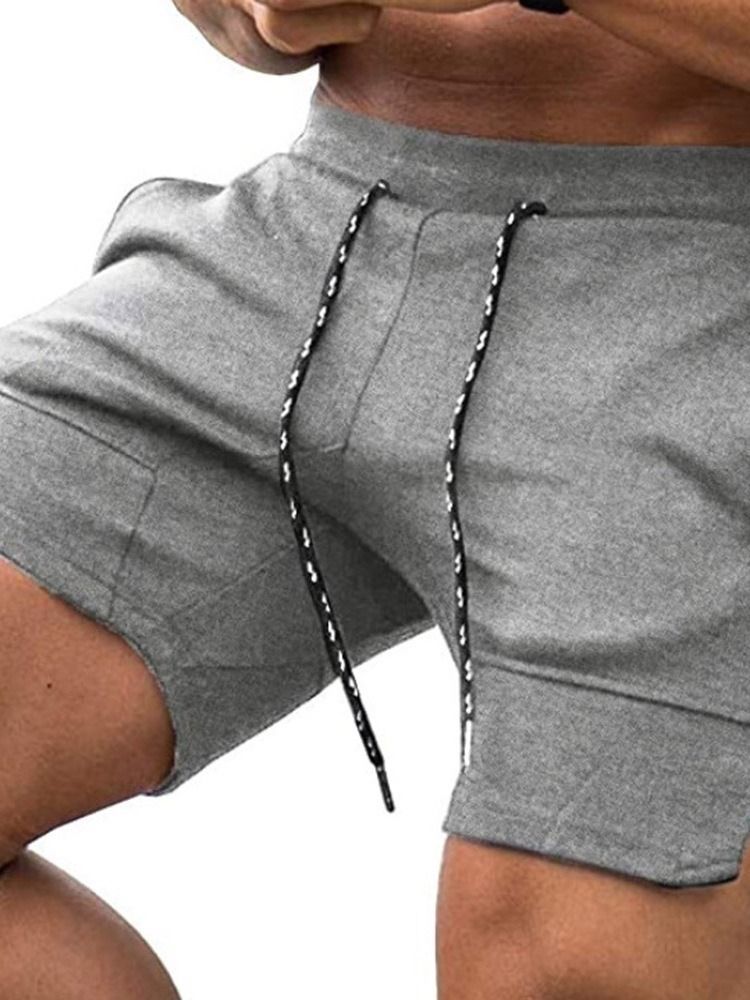 Plain Lace-up Straight Mid Waist Lace-up Men's Shorts