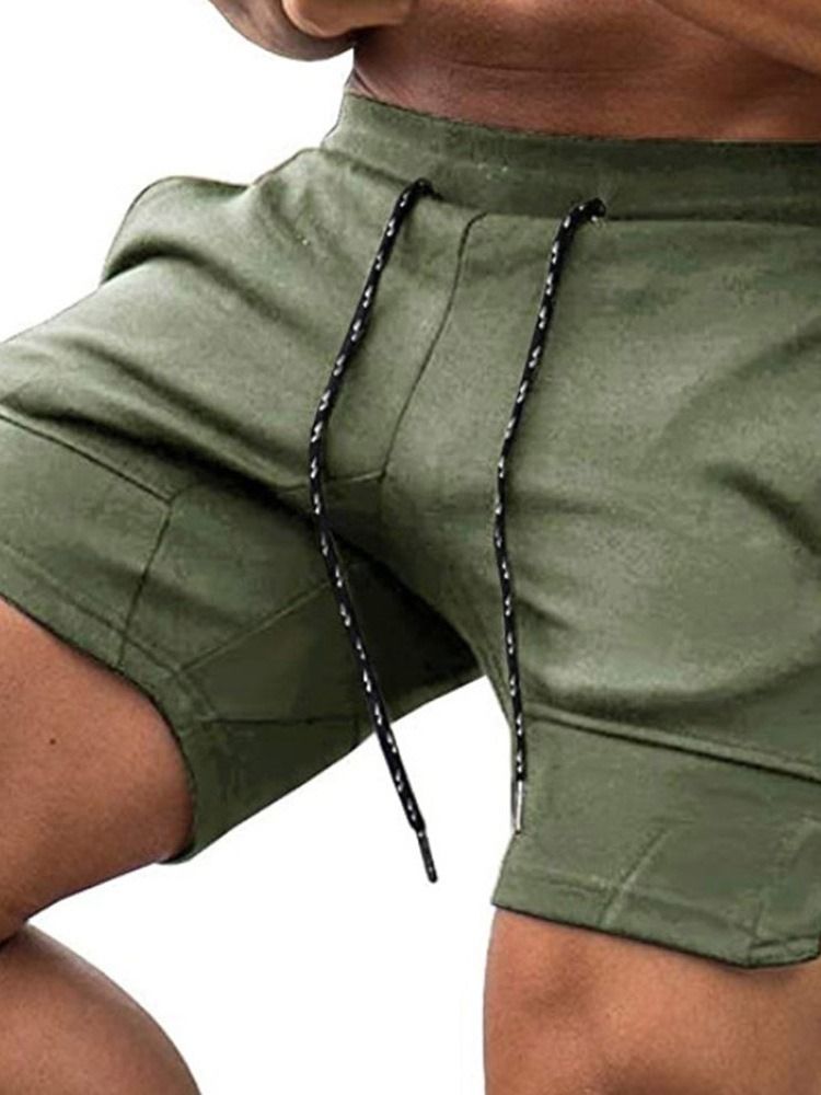 Plain Lace-up Straight Mid Waist Lace-up Men's Shorts