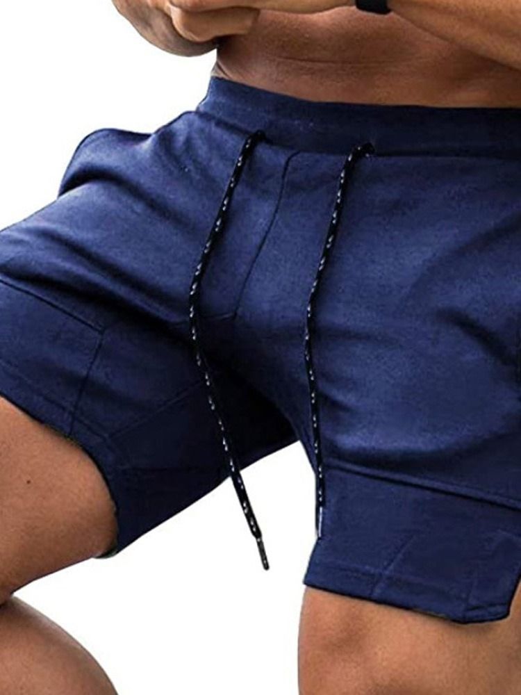 Plain Lace-up Straight Mid Waist Lace-up Men's Shorts