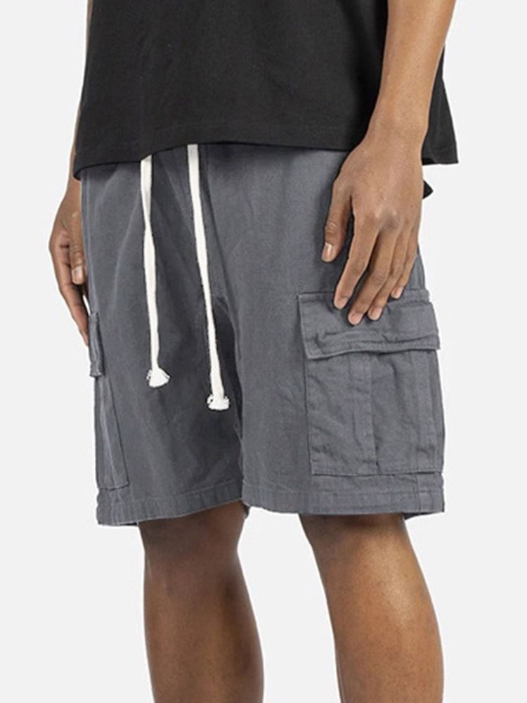 Plain Pocket Straight Lace-up Casual Shorts För Män