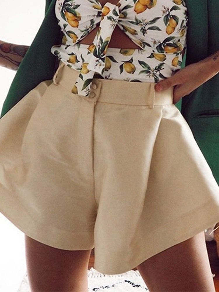 Plain Wide Legs Button Mid Waist Loose Women's Shorts