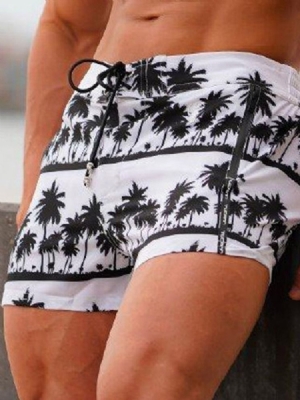 Plant Print Slim Lace-up Men's Casual Shorts