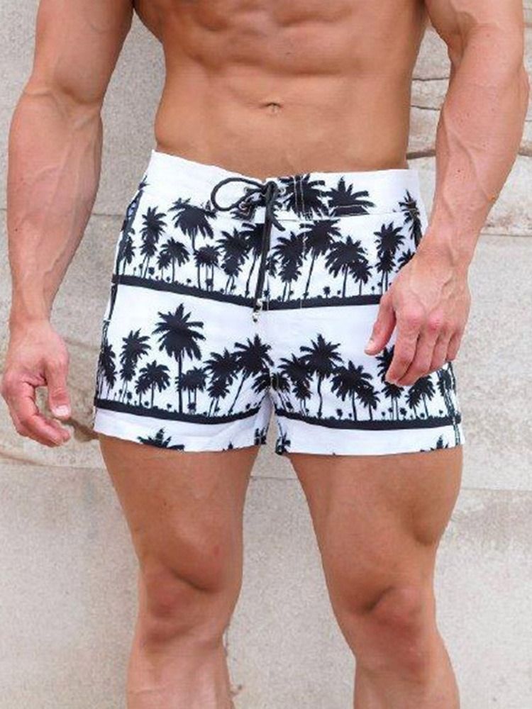 Plant Print Slim Lace-up Men's Casual Shorts