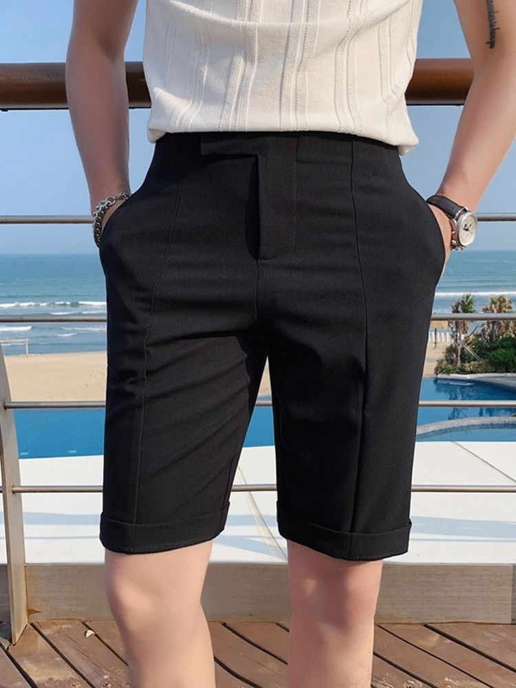 Pocket Straight Plain Zipper Mid Waist Men's Casual Shorts