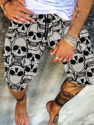 Straight Skull Print Mid Waist Men's Shorts