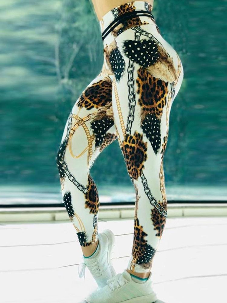 Chain Leopard Print Color Block Hög Midja Dam Leggings Yoga Byxor Hög Midja Tiktok Leggings