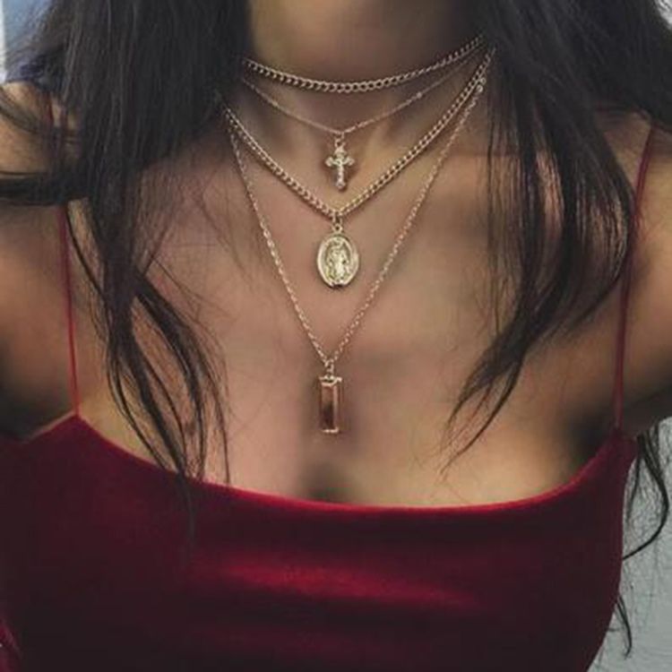 Multilayer Golden Cross Charm Layered Necklace For Women