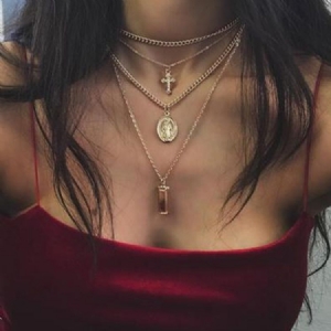 Multilayer Golden Cross Charm Layered Necklace For Women