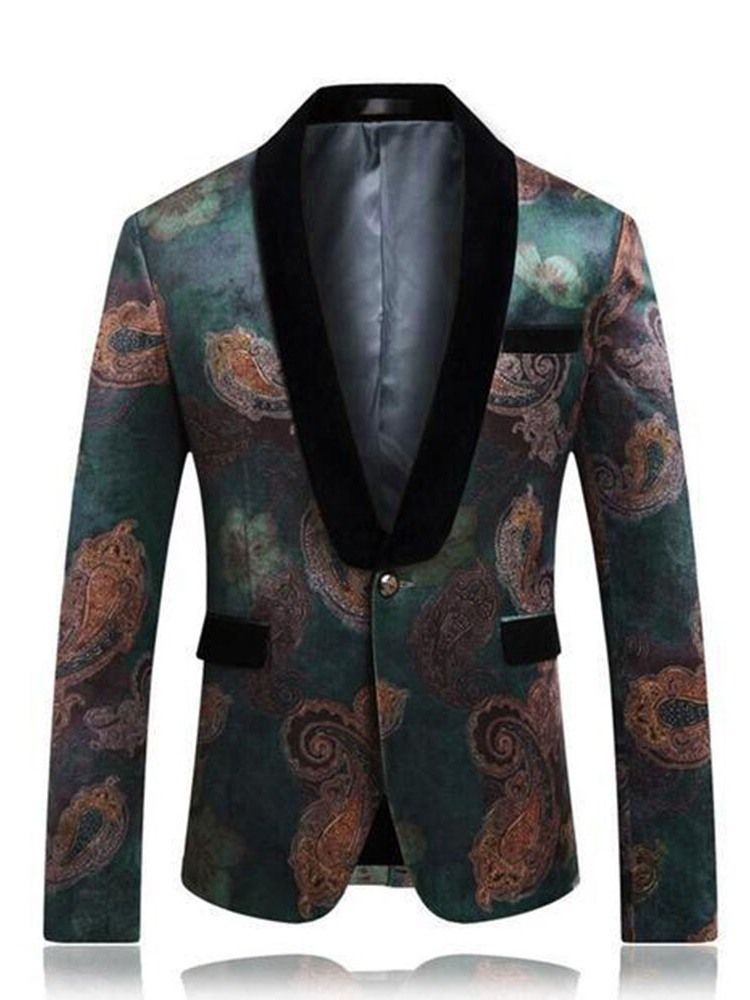 Floral Printed One Button Mens Casual Retro Revers Blazer