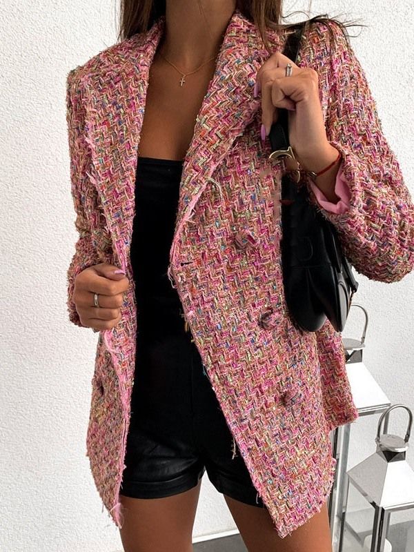 Kvinnors Långärmade Dubbelknäppt Färgblock Mellanlång Casual Blazer