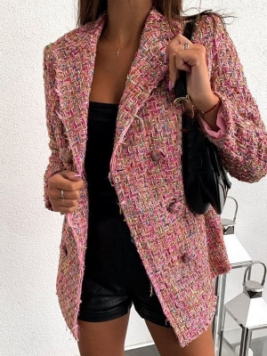 Kvinnors Långärmade Dubbelknäppt Färgblock Mellanlång Casual Blazer