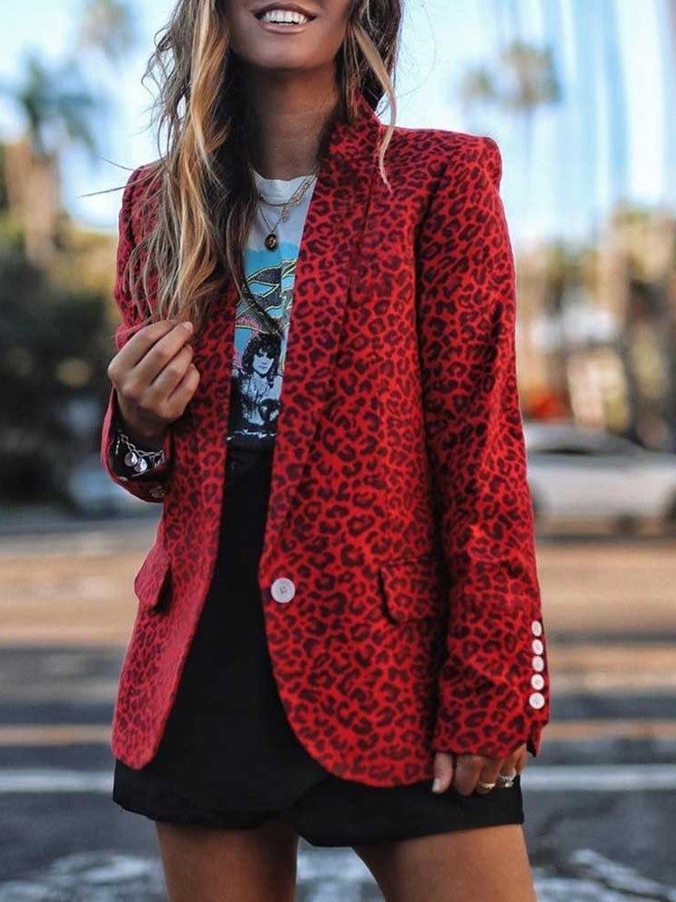 Notched Lapel Leopard Mid-length Normal Women's Casual Blazer