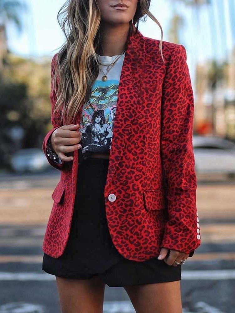 Notched Lapel Leopard Mid-length Normal Women's Casual Blazer