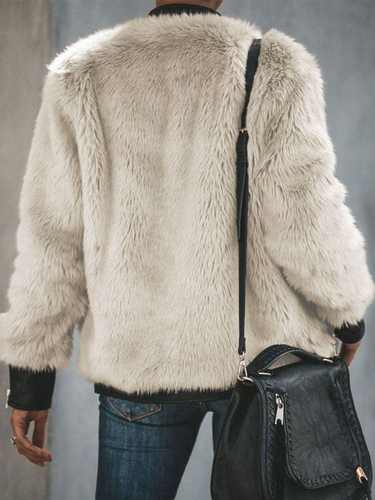 Dam Regular Color Block Mid-length Zipper Winter Faux Fur Overcoat