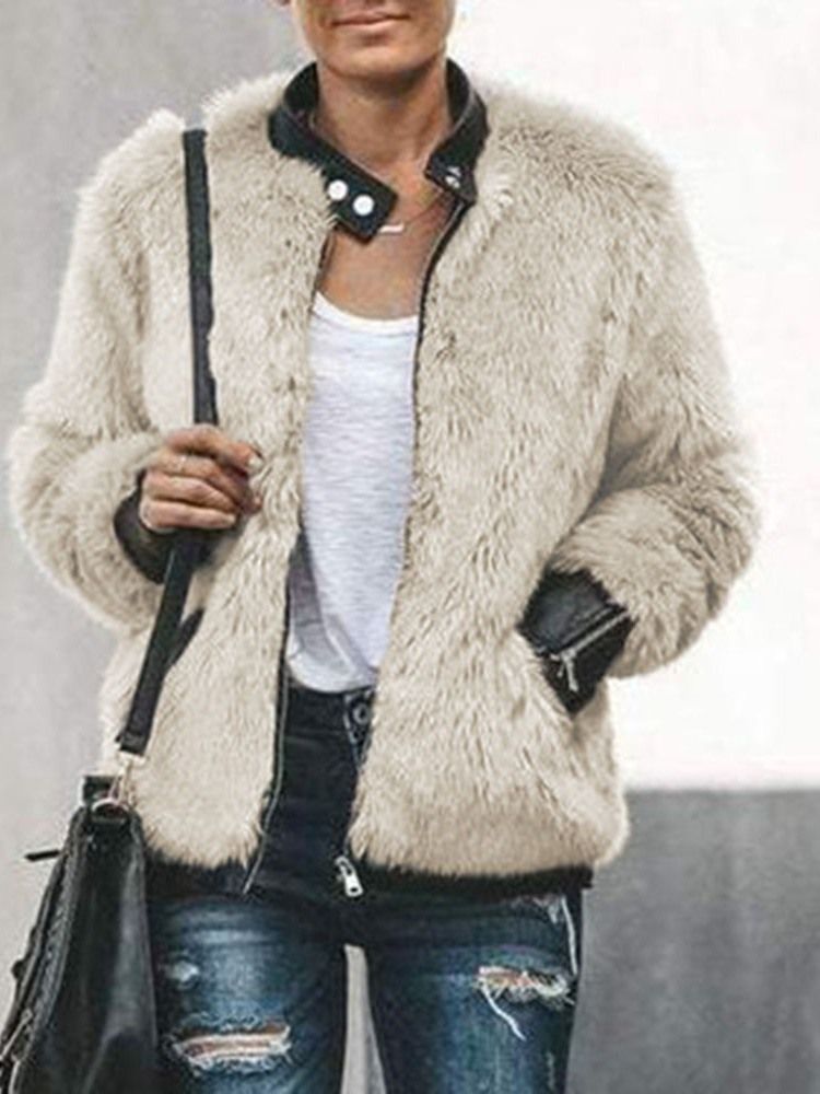 Dam Regular Color Block Mid-length Zipper Winter Faux Fur Overcoat