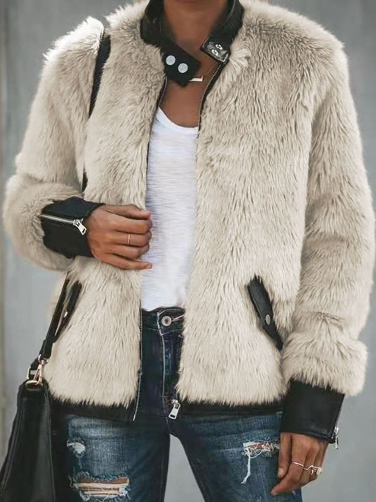 Dam Regular Color Block Mid-length Zipper Winter Faux Fur Overcoat