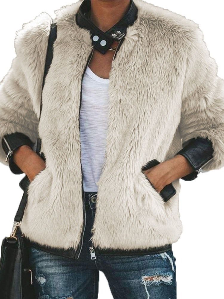 Dam Regular Color Block Mid-length Zipper Winter Faux Fur Overcoat