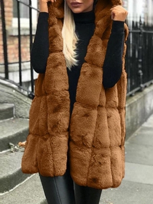 Faux Fur Hooded Plain Mid-length Damväst