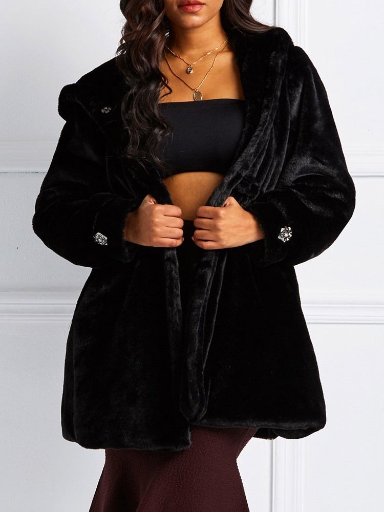 Kvinnor A Line Hooded Plain Winter Faux Fur Overcoat