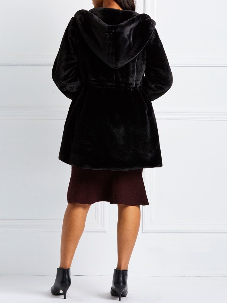 Kvinnor A Line Hooded Plain Winter Faux Fur Overcoat