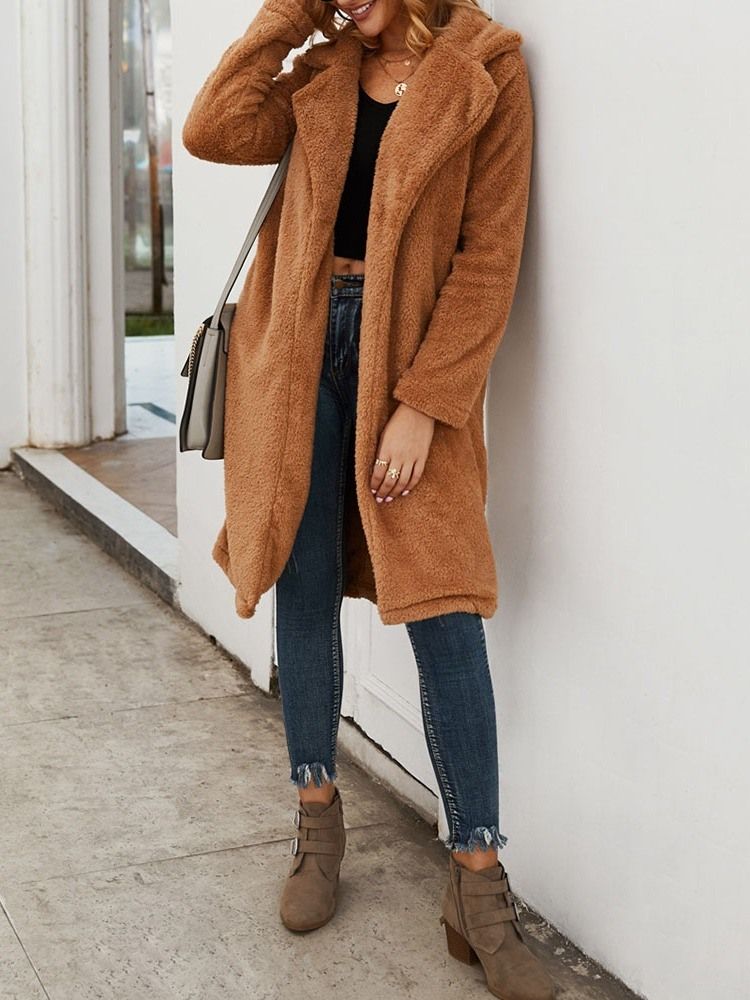 Lång Vanlig Lapel Loose Dam Faux Fur Overcoat