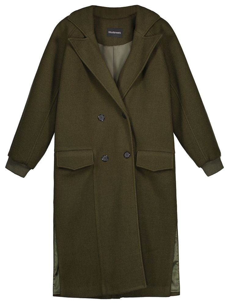 Notched Lapel Double-breasted Plain Women's Overcoat