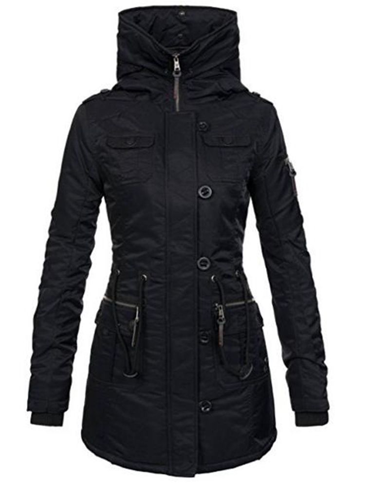 Plain Mid-length Slim Hooded Women's Coat