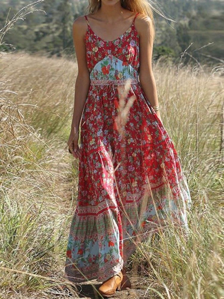 Dam Bohemian Expansion Ankle-length Pleated Floral Travel Look Dress