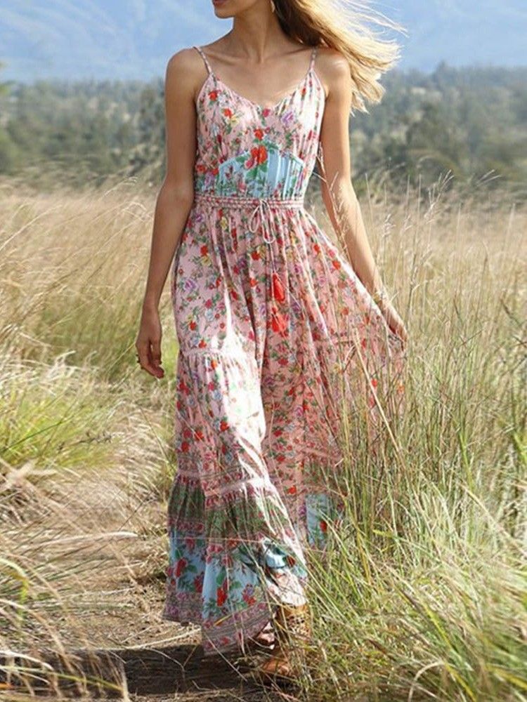 Dam Bohemian Expansion Ankle-length Pleated Floral Travel Look Dress