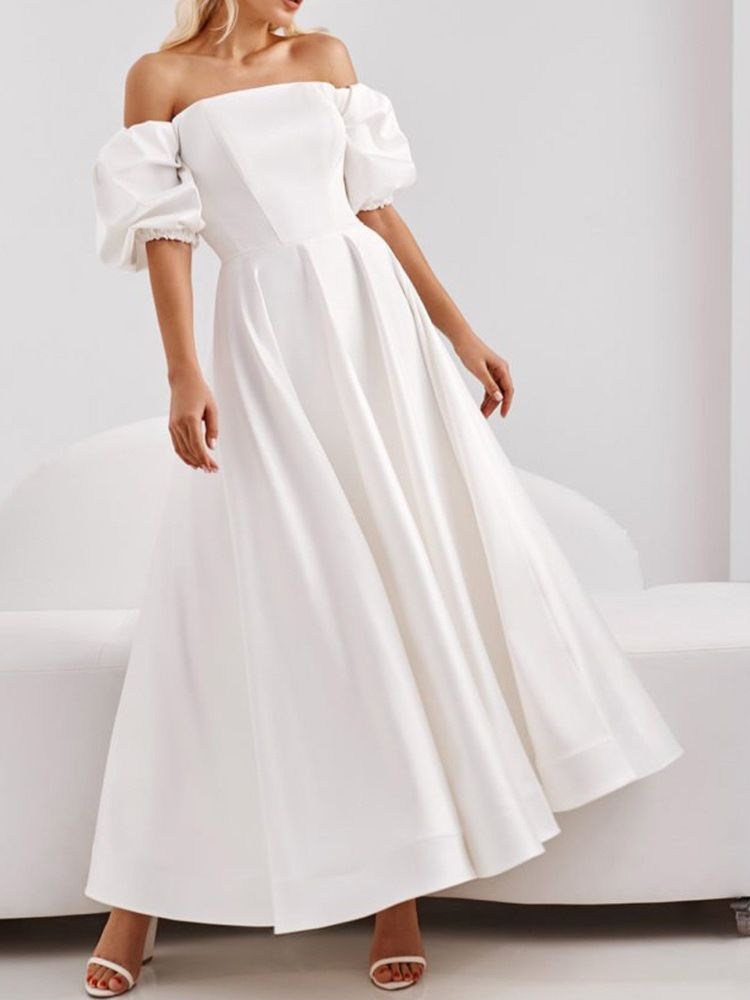 Dam Off Shoulder Halv Ärm Golvlängd Expansion Plain Maxi Vit Klänning