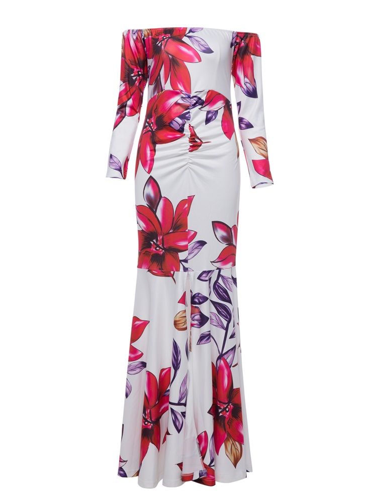 Dam Slash Neck Flower Print Backless Maxi Dress